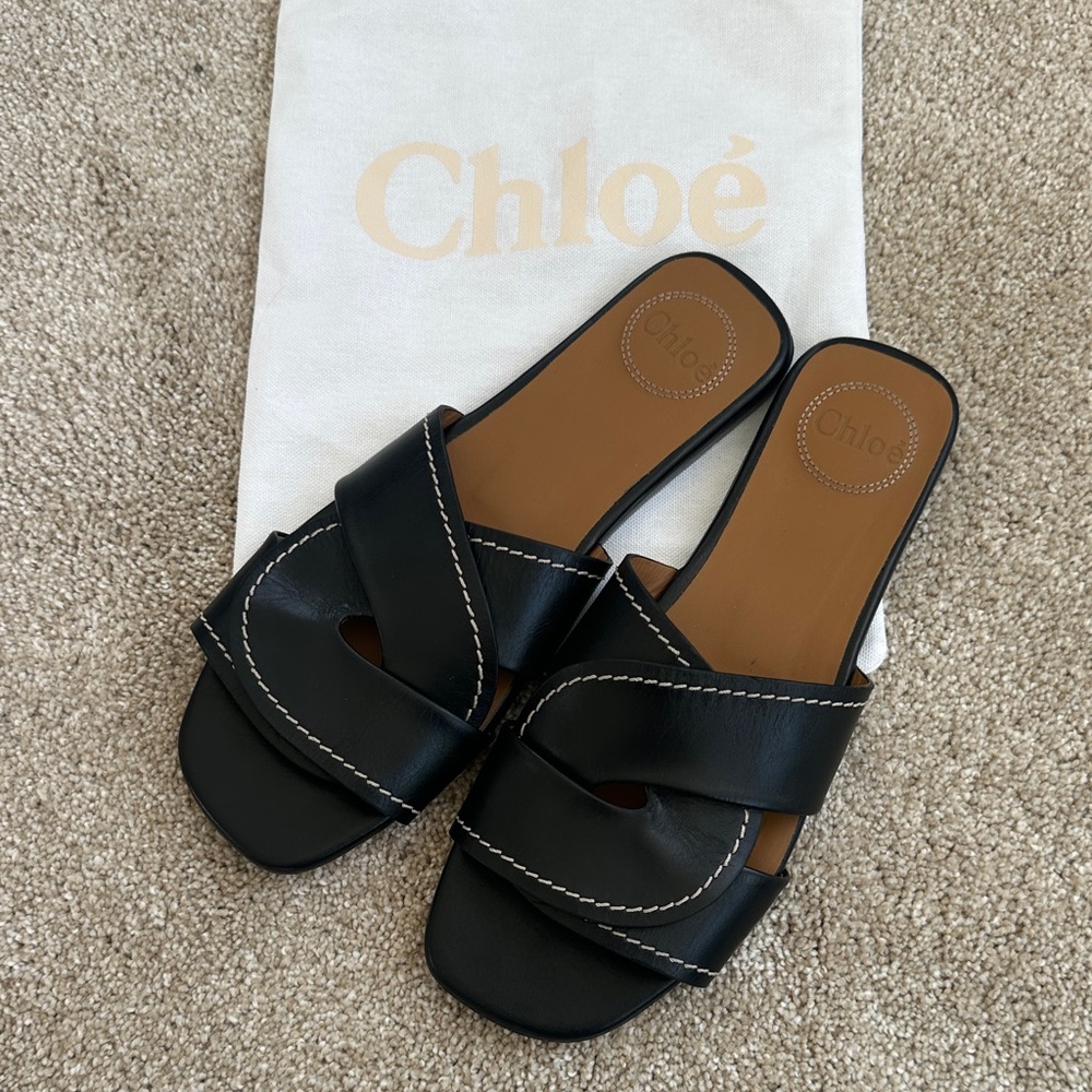 Chloe Black Leather Slide Sandals